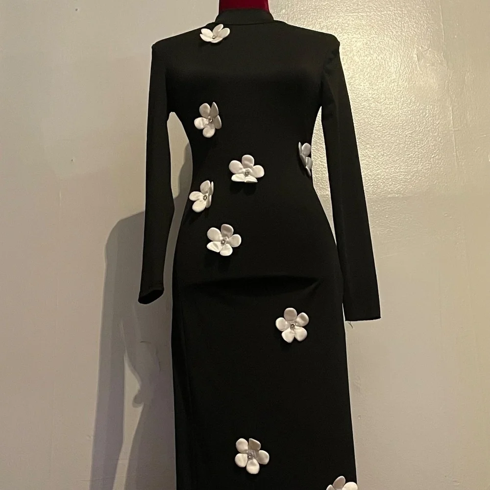 SHEIN White Floral Decor Black Stand Collar Long Sleeve Maxi Dress Size XXS - Picture 10 of 16